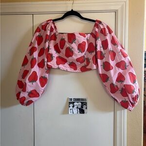 Isabella Eve Strawberry Print puff sleeve crop top Urban Outfitters